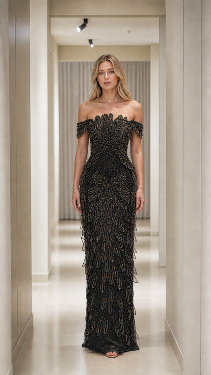 Black off-the-shoulder beaded column evening gown with allover textured fringe detail