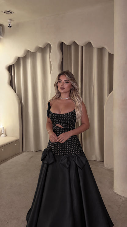 Black rhinestone corset evening gown on model