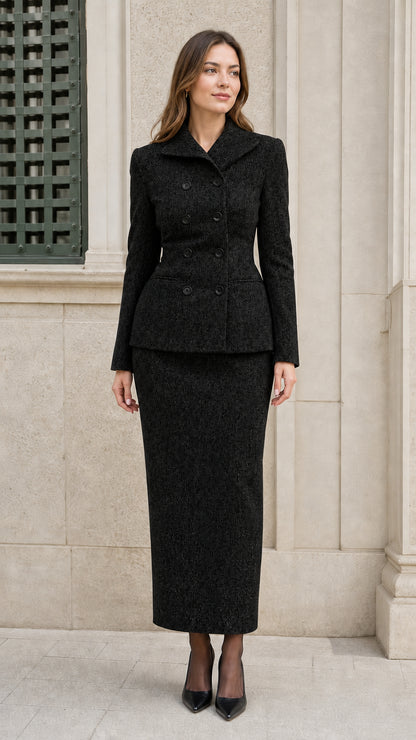 Woman wearing Black double-breasted tweed blazer and maxi skirt two-piece suit
