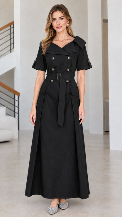 Front view of woman wearing black short-sleeve double-breasted trench maxi dress