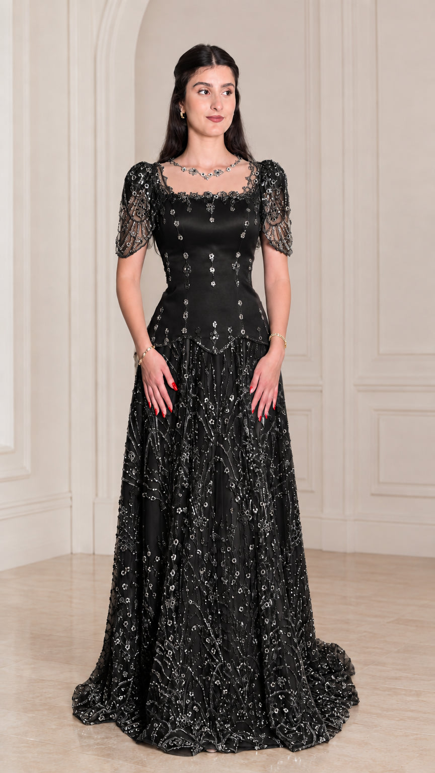 Model wearing classic Black beaded short sleeve evening gown