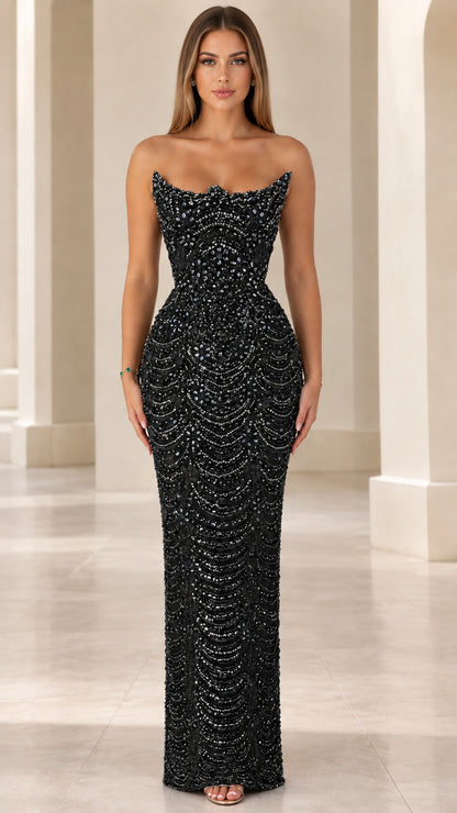 Black strapless beaded column formal evening gown