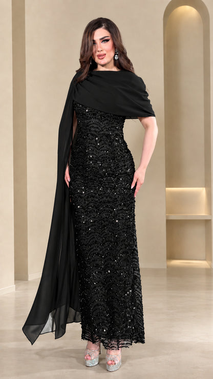 Black sequined evening gown with matching draped chiffon shoulder cape