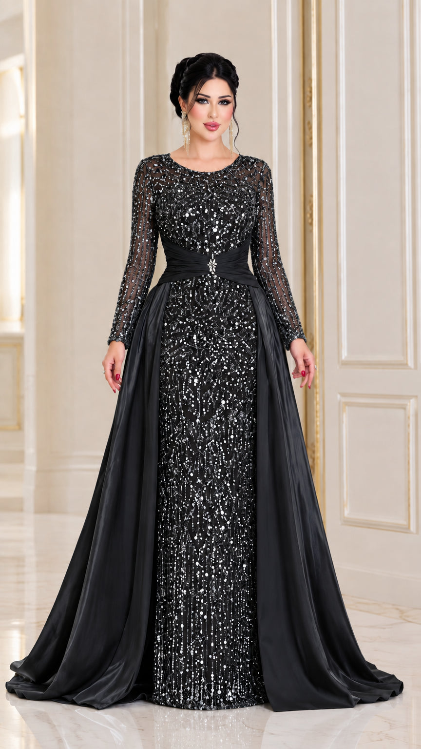 Black sequined long sleeve evening dress with matching satin overskirt