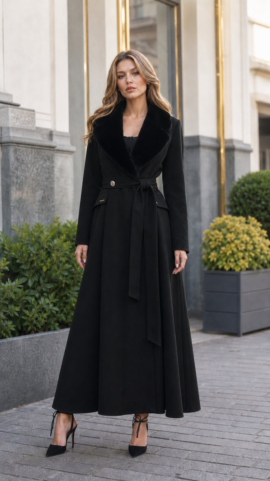 Model wearing full-length black wrap coat with black plush faux fur collar