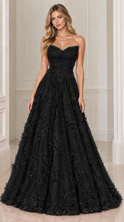 Front view of model wearing Black strapless sweetheart 3D floral corset evening gown