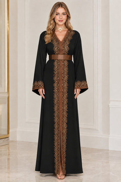 Black embroidered long sleeve caftan maxi dress with belt