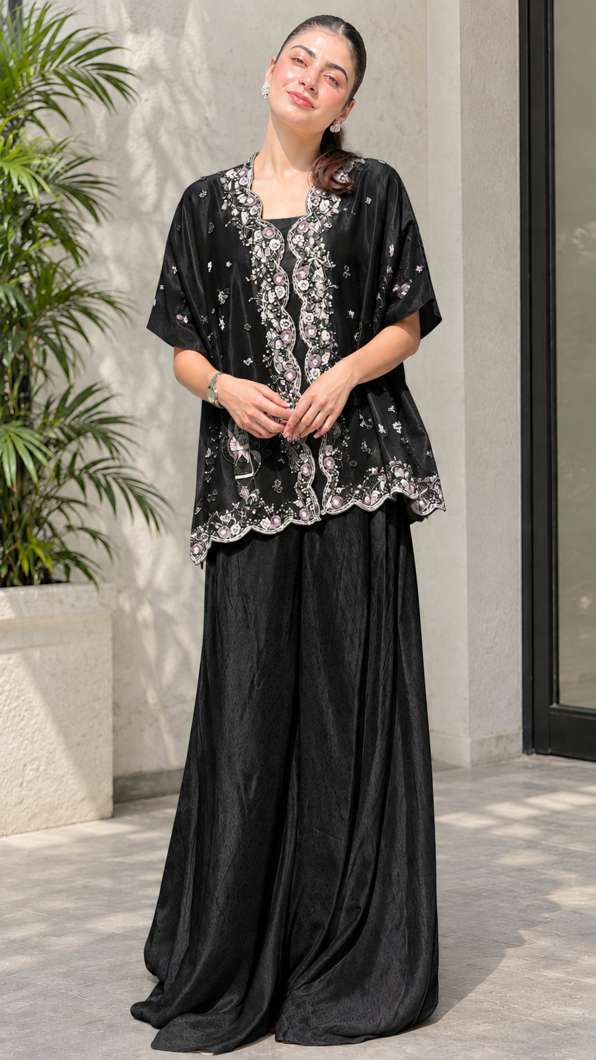 Black embroidered short sleeve top and wide leg pants two-piece set