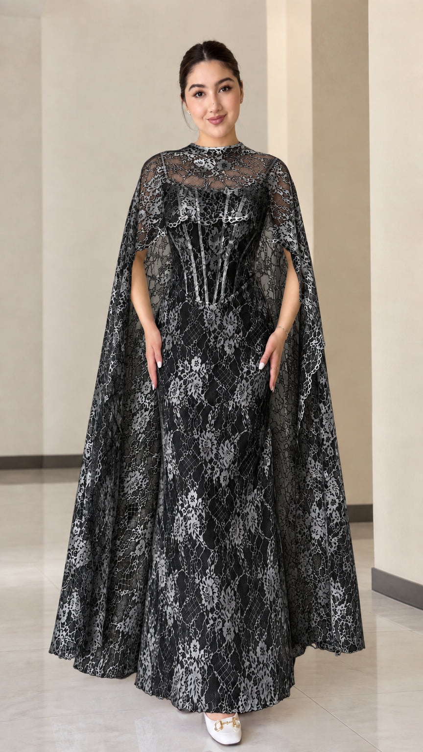 Black floral lace corset gown with matching full-length lace cape