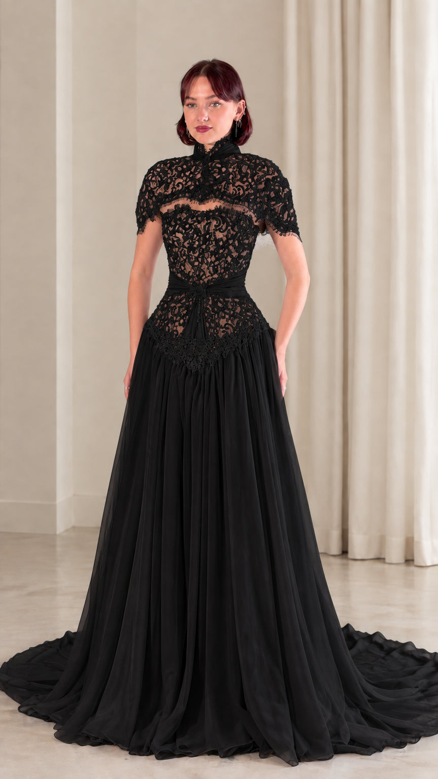 Black high neck lace chiffon evening gown