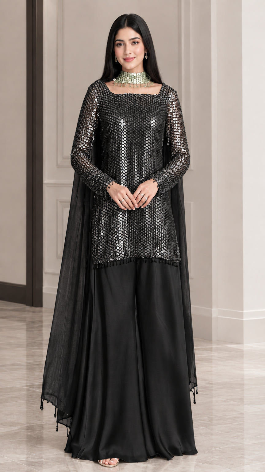 Front view of black sequin embellished kurti and flared sharara pant set