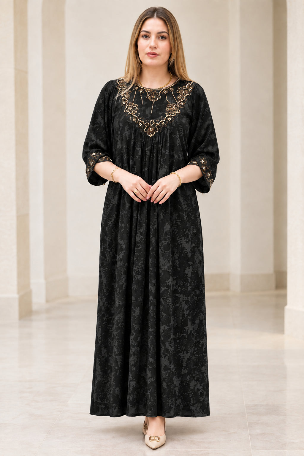 Full front view of Black embroidered yoke pleated maxi dress