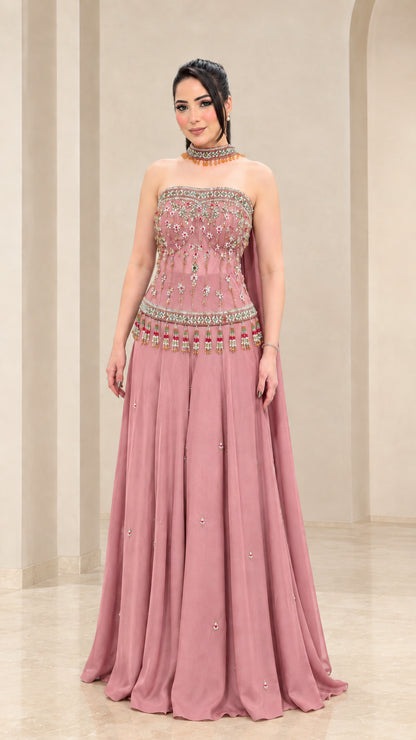 Dusty rose strapless embellished maxi evening gown with tassel waist