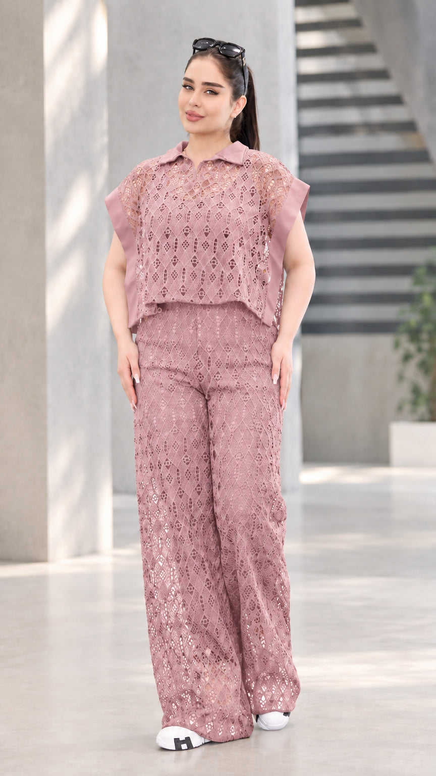 Front view of woman wearing dusty pink lace two-piece top and wide-leg pants set