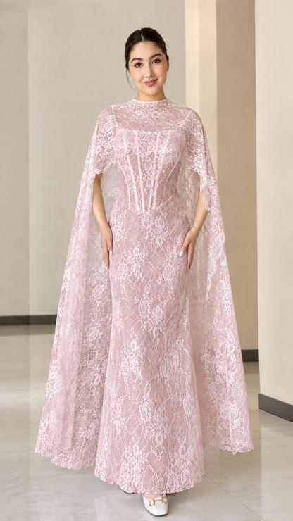 Blush pink lace corset maxi gown with coordinating high neck cape