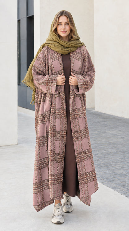 Full length view of dusty rose mauve plaid longline cardigan coat