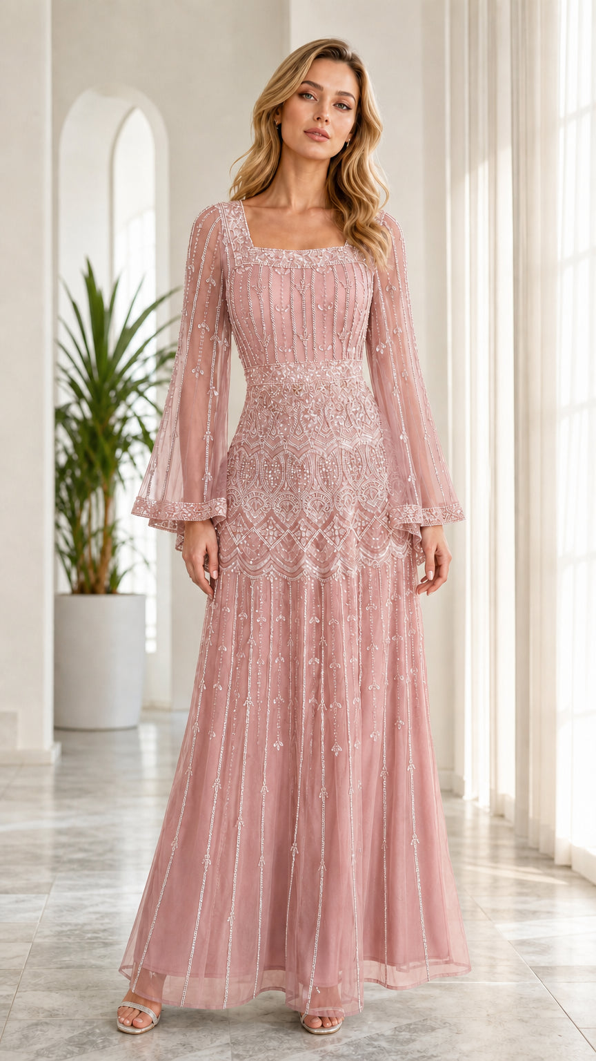 Model wearing blush pink sequined floor-length formal gown with bell sleeves