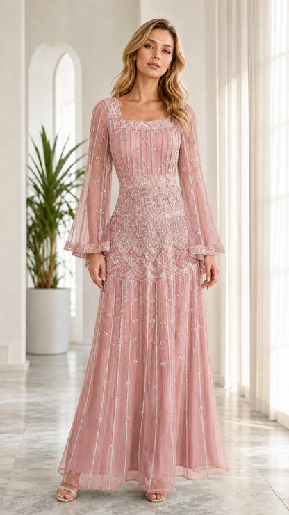 Model wearing blush pink sequined floor-length formal gown with bell sleeves