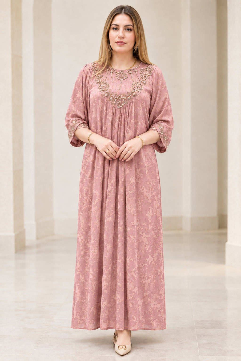 Full front view of Dusty Rose embroidered pleated caftan maxi dress