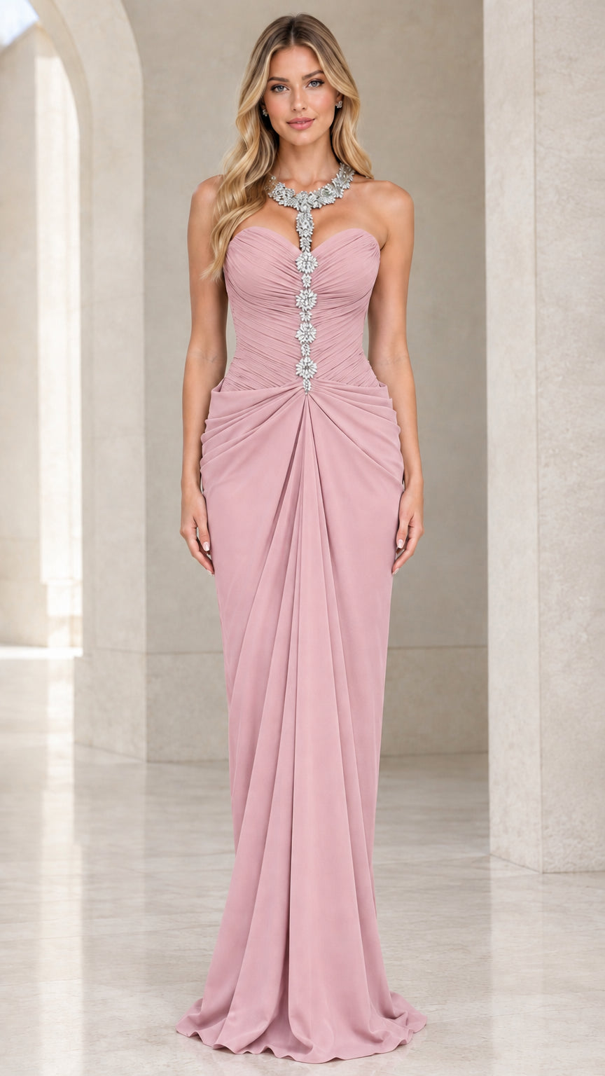 Full-length front view of the crystal ruched sweetheart maxi dress in blush pink