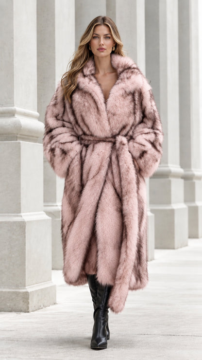 Model wearing long belted faux fur coat in Dusty Pink