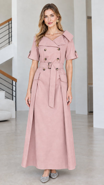 Front view of woman wearing dusty pink short-sleeve belted trench maxi dress