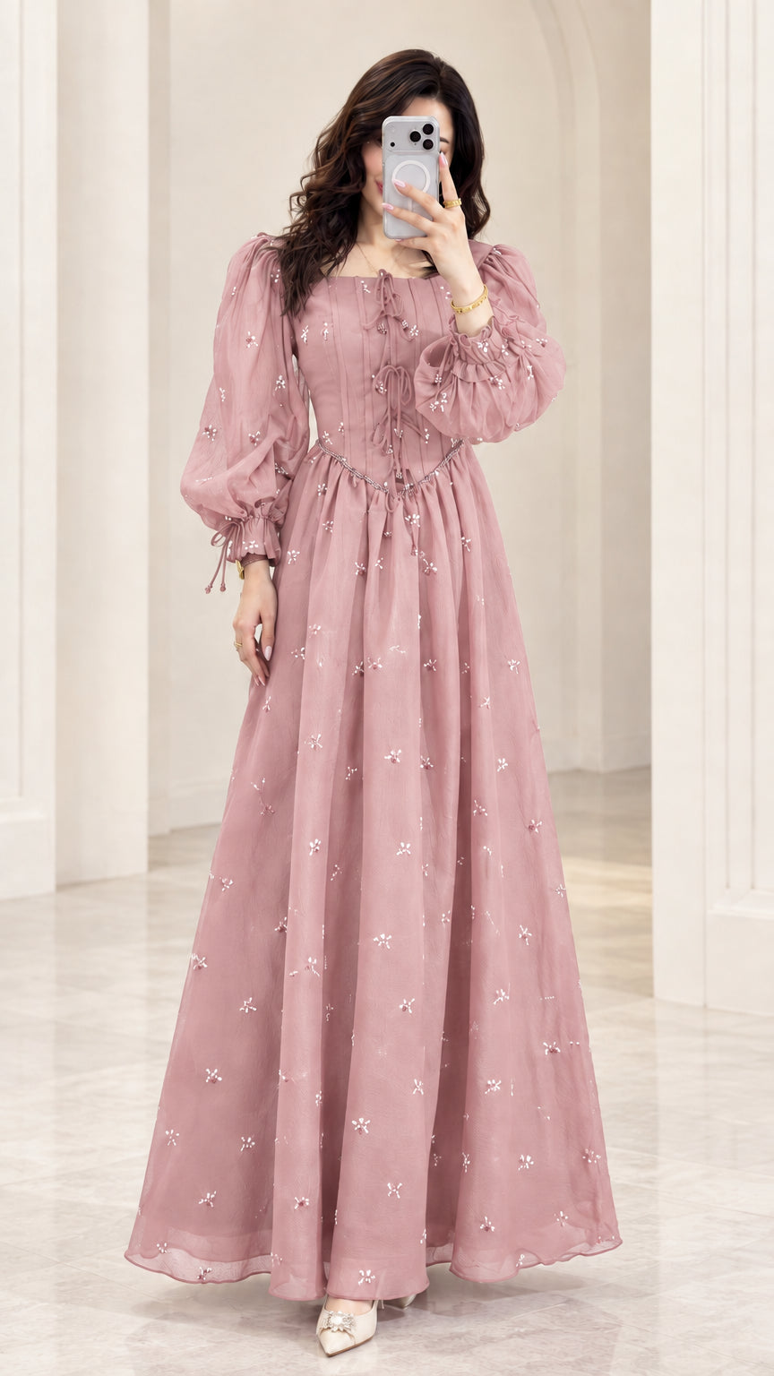 Front view of model wearing Dusty Pink embroidered chiffon maxi dress