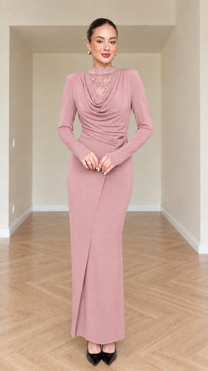 Dusty pink long sleeve evening maxi dress with metallic buckle waist detail