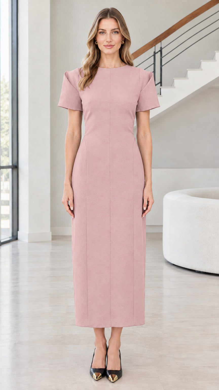 Front view of woman wearing Dusty Pink short sleeve column maxi dress
