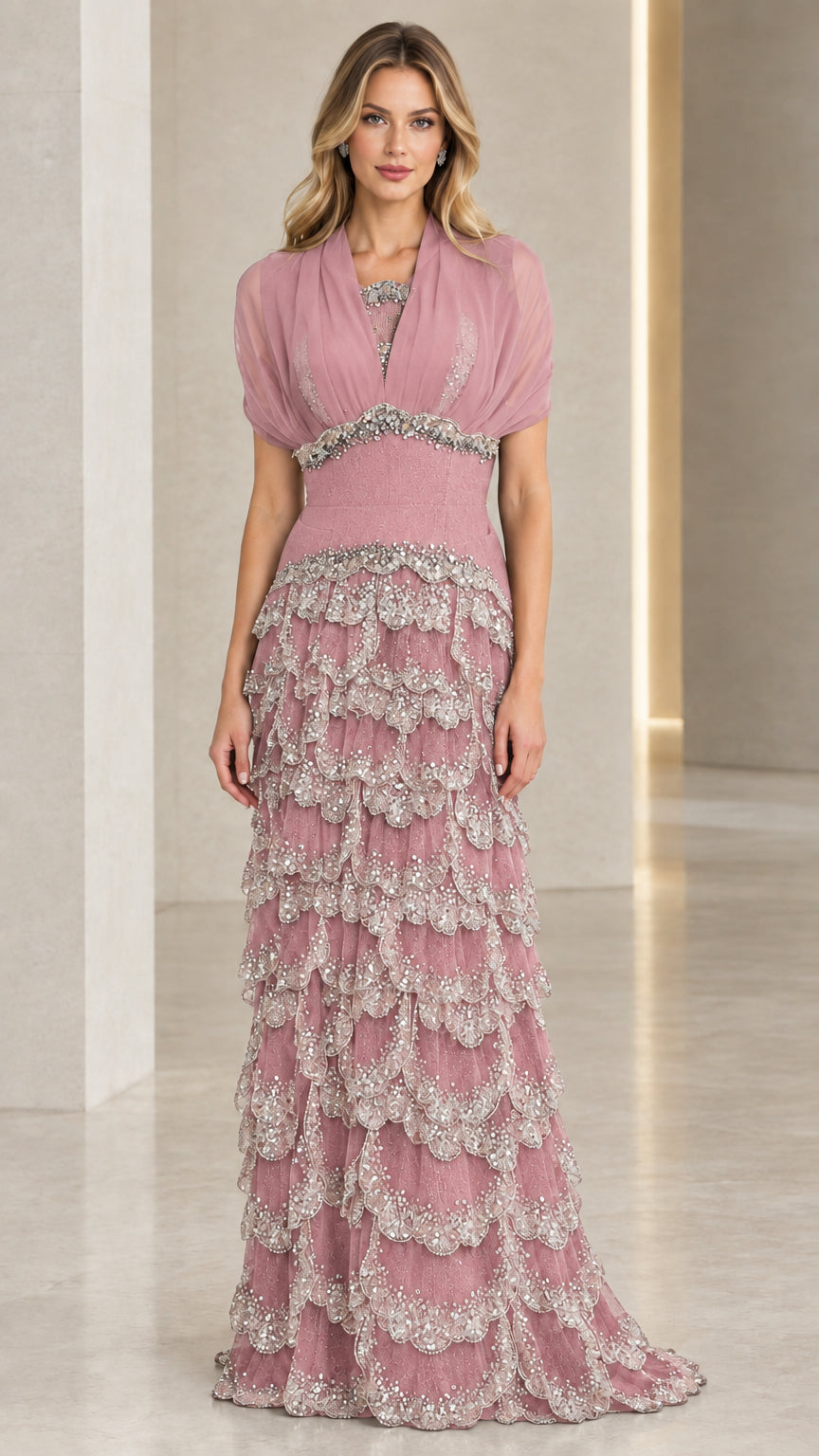 Dusty pink tiered scalloped evening gown with draped bodice