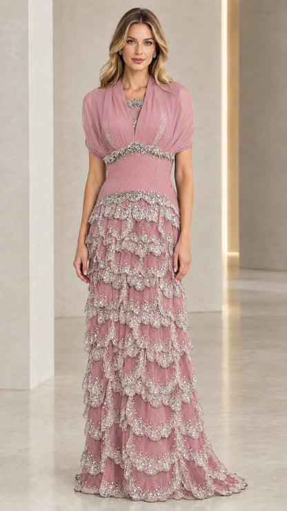 Dusty pink tiered scalloped evening gown with draped bodice