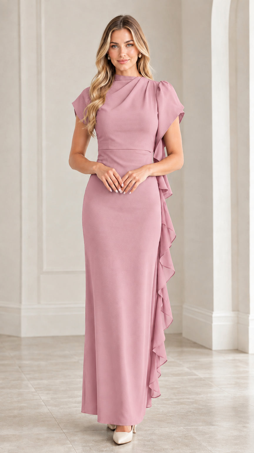 Front view of dusty pink draped high neck ruffle evening maxi dress