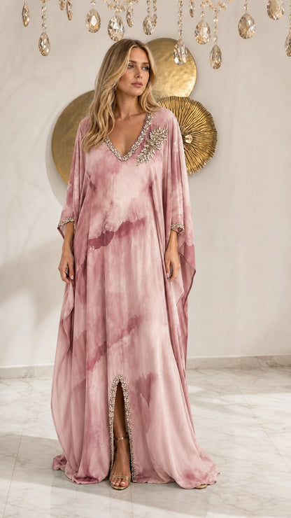Blush Pink watercolor embellished kaftan maxi dress