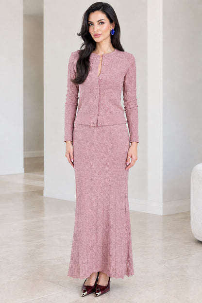 Front full-length view of dusty rose textured knit cardigan and maxi skirt set