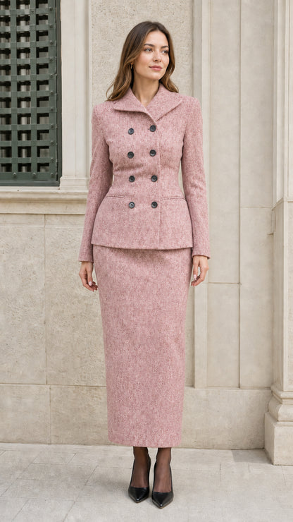 Woman wearing Dusty Pink double-breasted tweed blazer and matching maxi skirt set