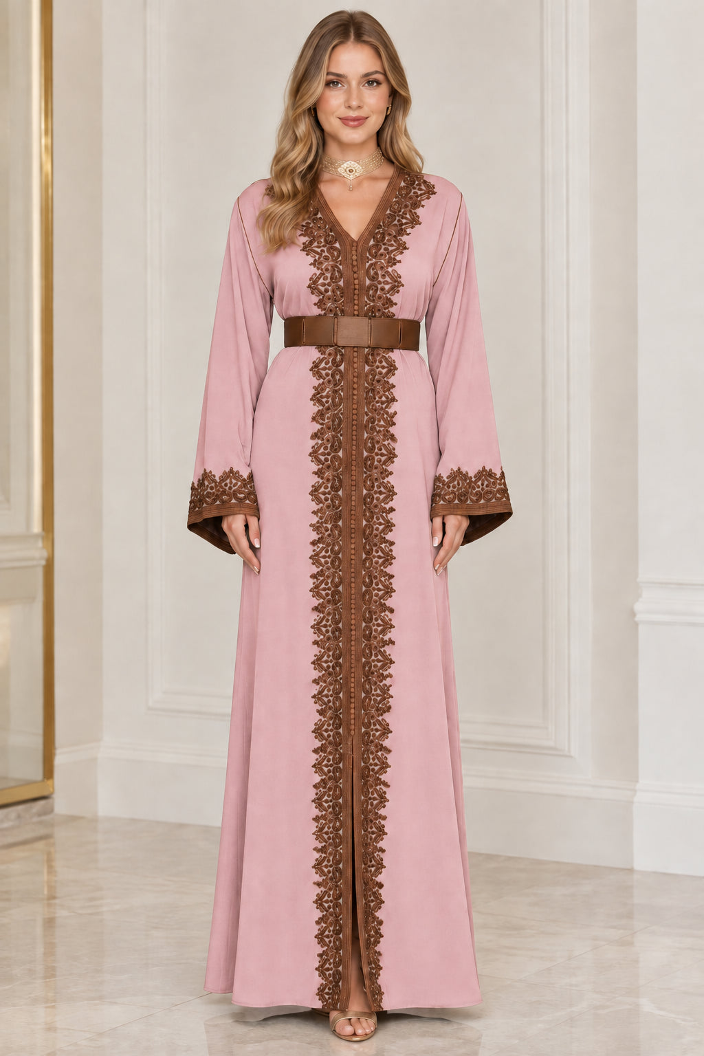 Dusty pink embroidered belted caftan maxi gown