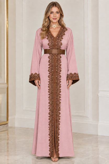 Dusty pink embroidered belted caftan maxi gown