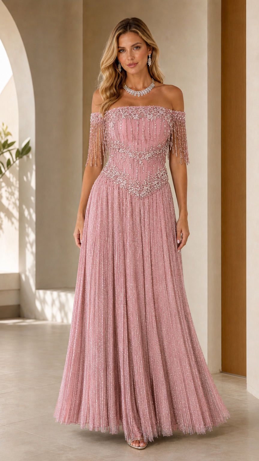 Dusty rose off-the-shoulder crystal embellished formal maxi dress