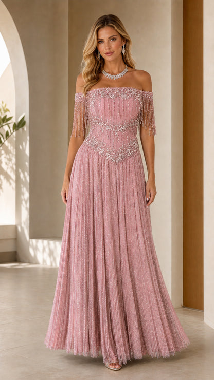 Dusty rose off-the-shoulder crystal embellished formal maxi dress