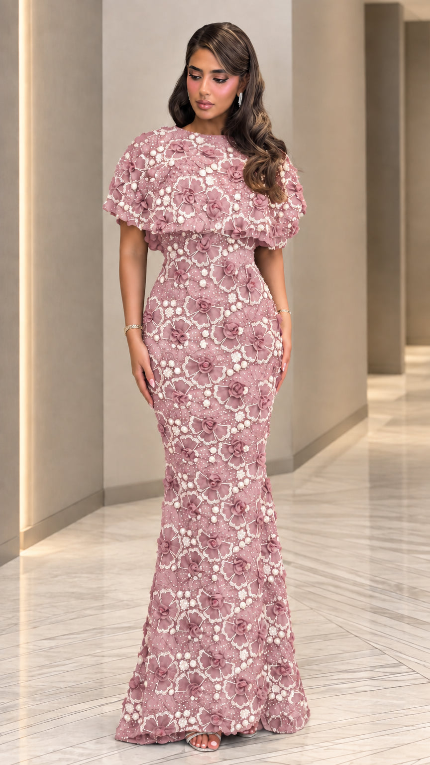 Full front view of dusty rose pink floral beaded mermaid evening gown