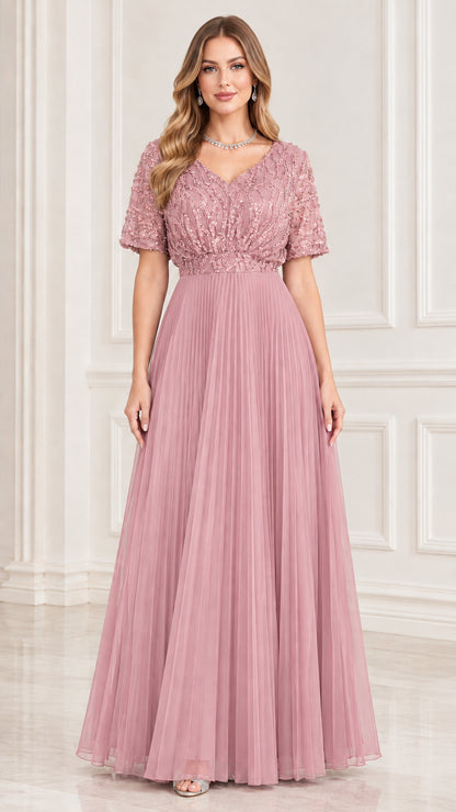 Full length dusty rose sequin beaded V-neck pleated maxi dress