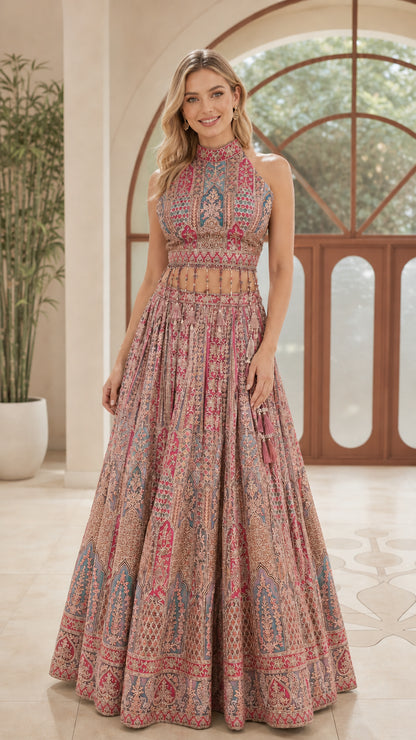 Model wearing Dusty Pink embroidered halter crop top and maxi skirt set