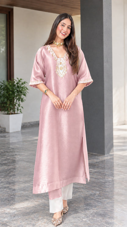 Front view of blush pink embroidered silk blend tunic kurta