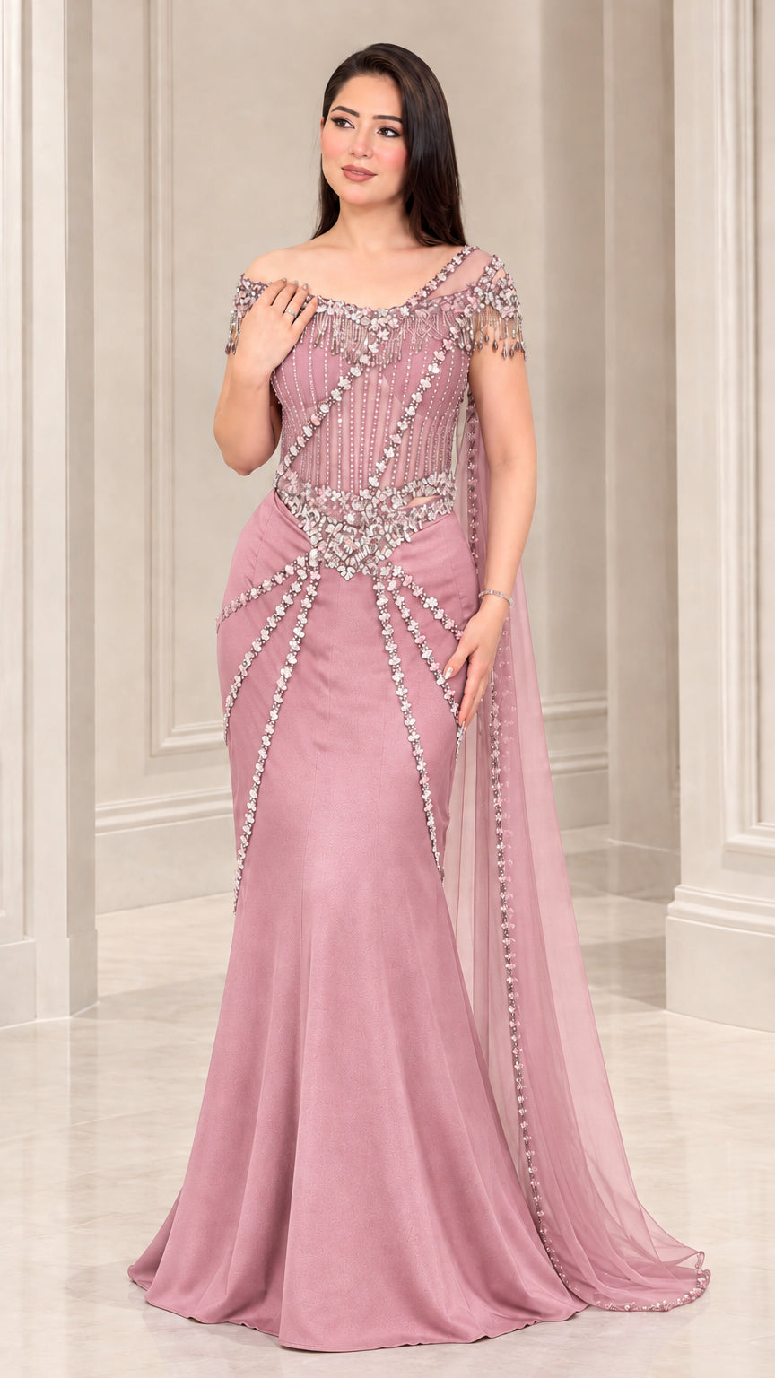 Full-length view of Dusty Rose beaded mermaid evening dress with shoulder cape