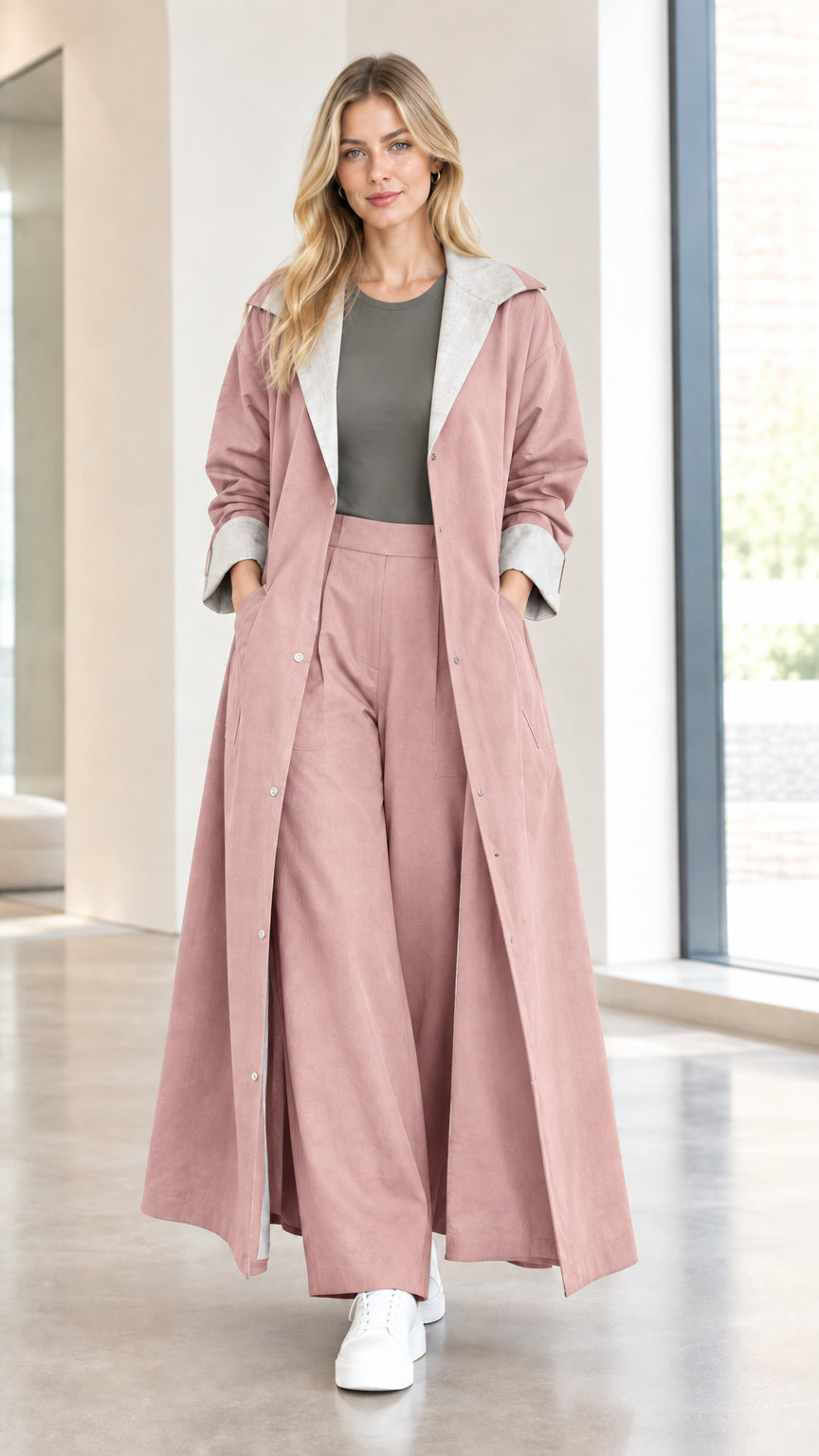 Model wearing dusty pink long duster trench coat with grey trim