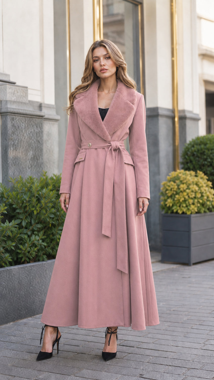 Model wearing dusty pink longline maxi coat with matching plush fur shawl collar