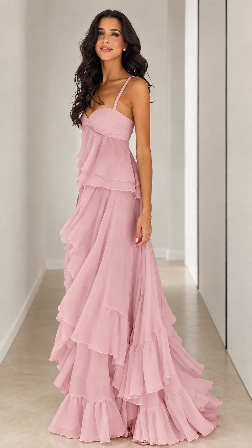 Front full-length view of model wearing Blush Pink tiered ruffle evening dress