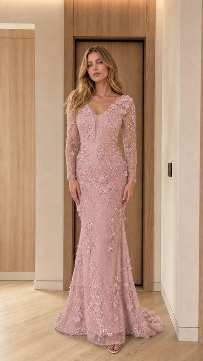 Front view of model wearing dusty pink 3D floral sequin mermaid formal dress