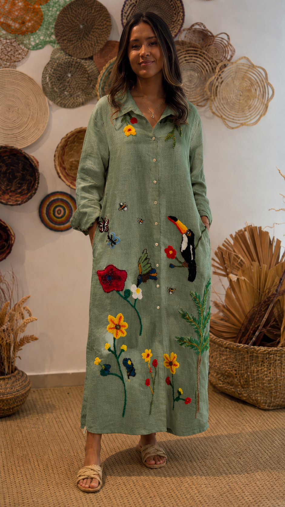 Sage green embroidered long-sleeve maxi dress with floral and bird design