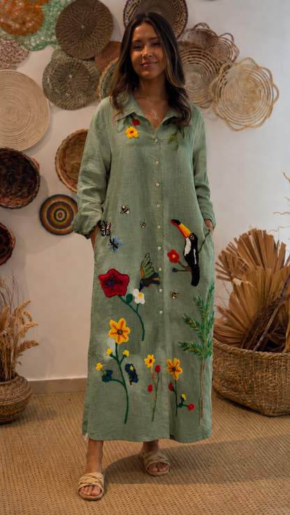 Sage green embroidered long-sleeve maxi dress with floral and bird design